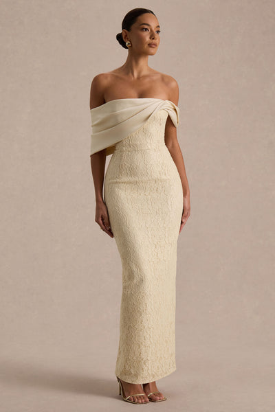 Solora Cream Lace Twisted Bardot-Neck Maxi Dress Club L London - USA Solora Cream Lace Twisted Bardot-Neck Maxi Dress Club L London - USA