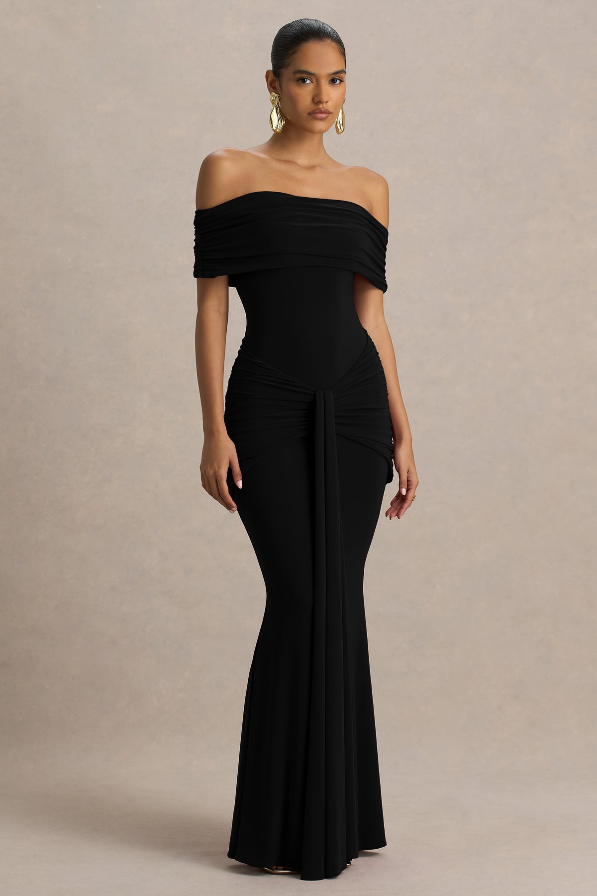 Envisioned Black Bardot-Neck Maxi Dress With Gathered And Drape Deta Club L London - USA Envisioned Black Bardot-Neck Maxi Dress With Gathered And Drape Deta Club L London - USA