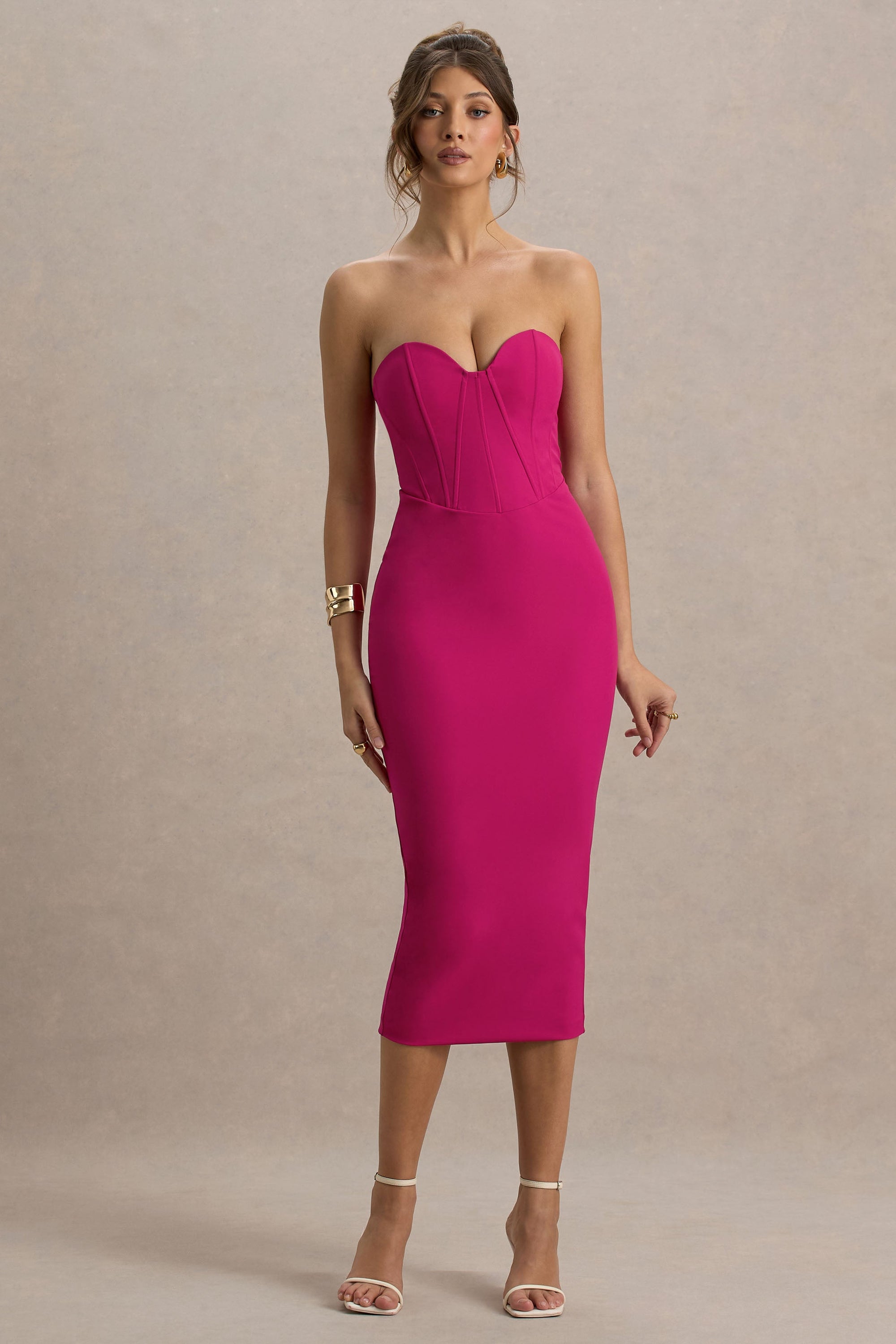 Nina | Dark Pink Structured Strapless Corset Midi Dress – Club L London