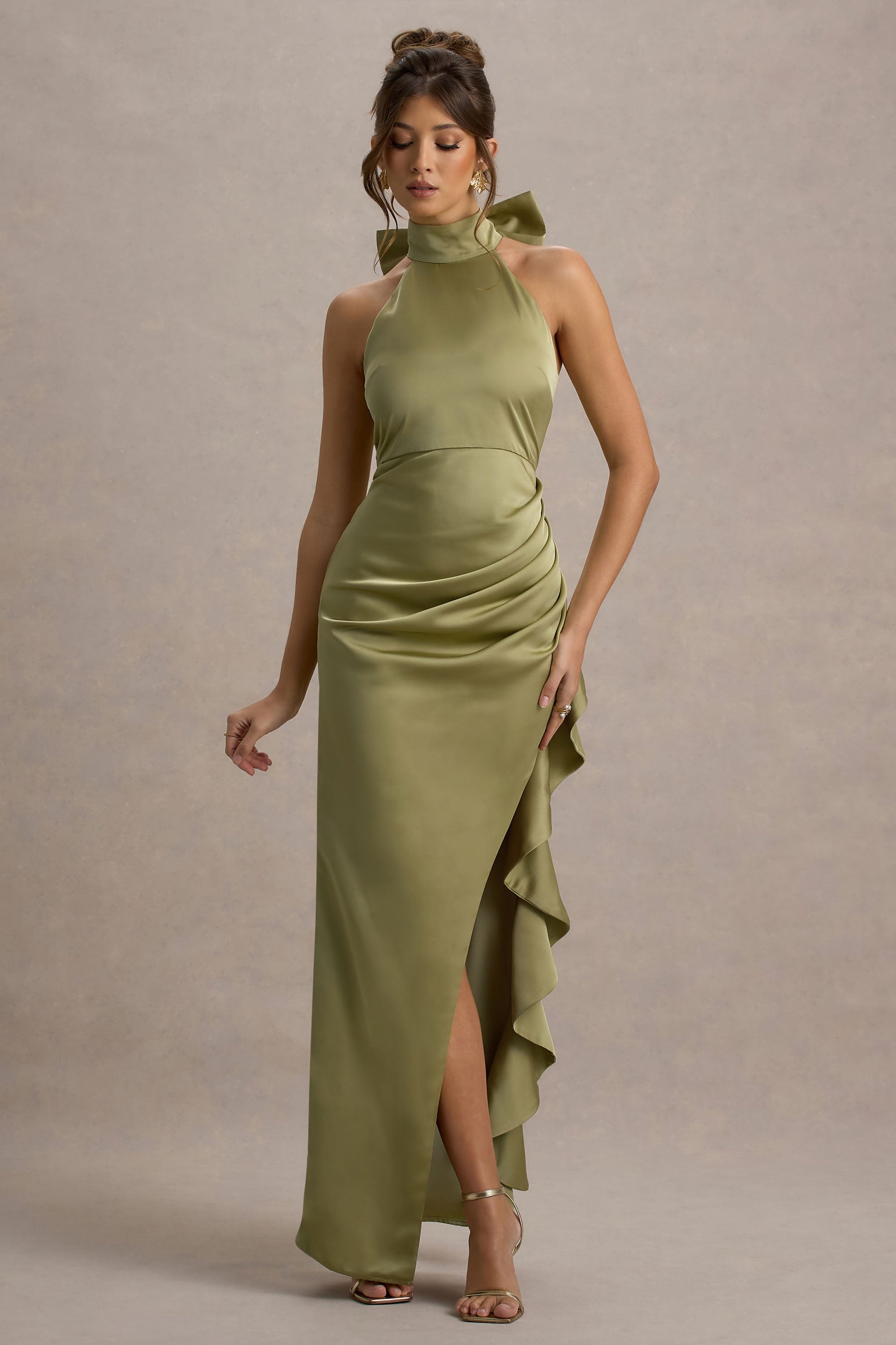Maureen | Light Green Satin High-Neck Draped Maxi Dress – Club L London