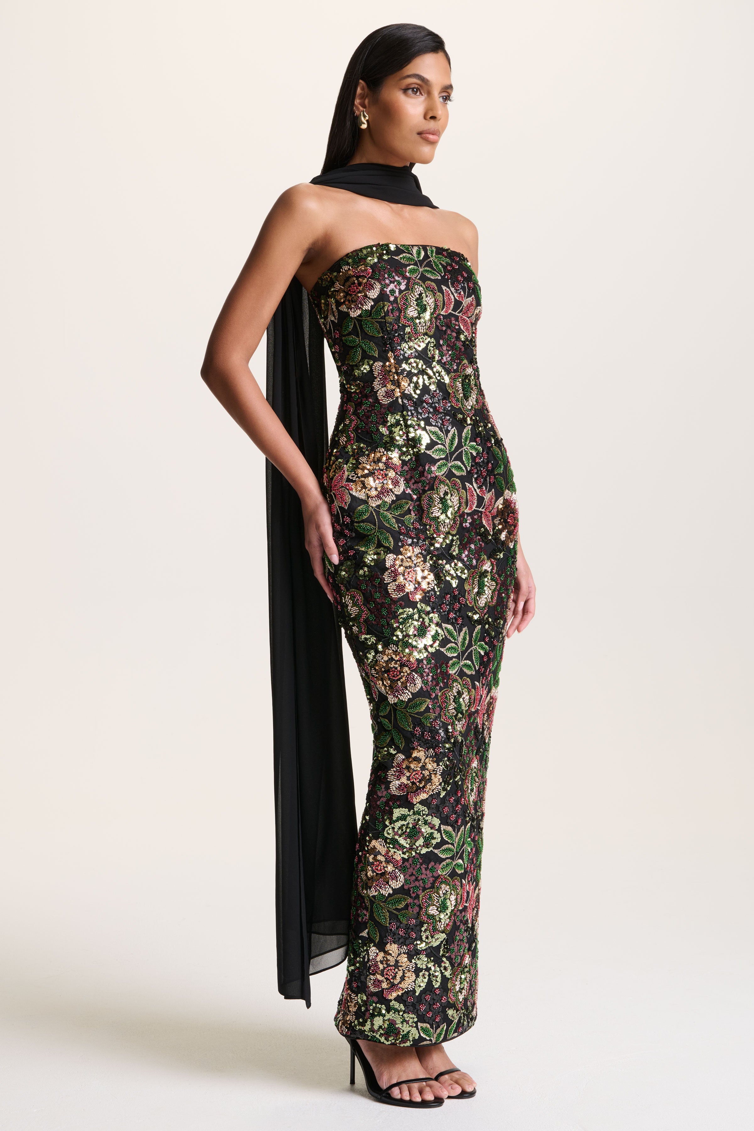 Cora | Winter Floral Embellished Mesh Bandeau Maxi Dress With