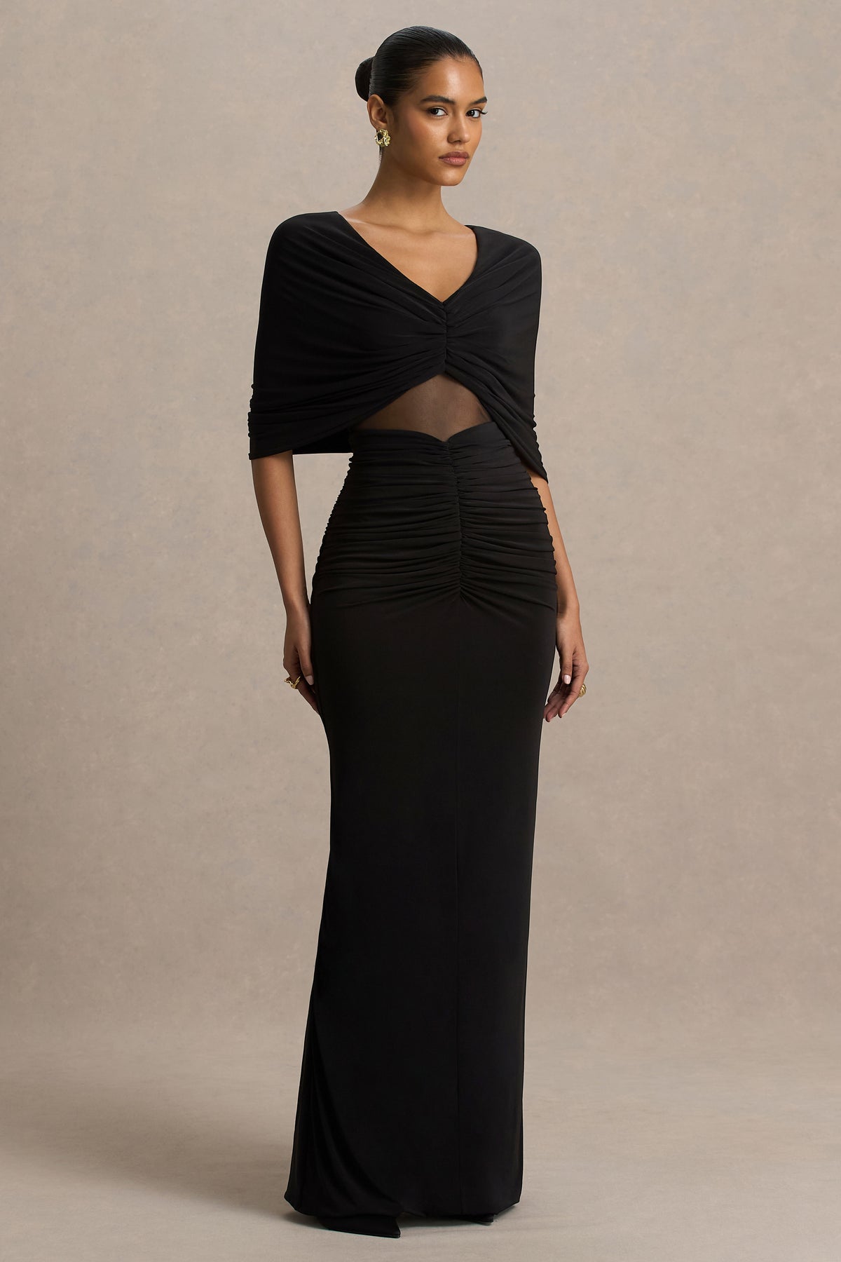 Zinnie | Black Cape-Sleeve Maxi Dress with Mesh Panel - UK 6 Black Zinnie | Black Cape-Sleeve Maxi Dress with Mesh Panel - UK 6 Black
