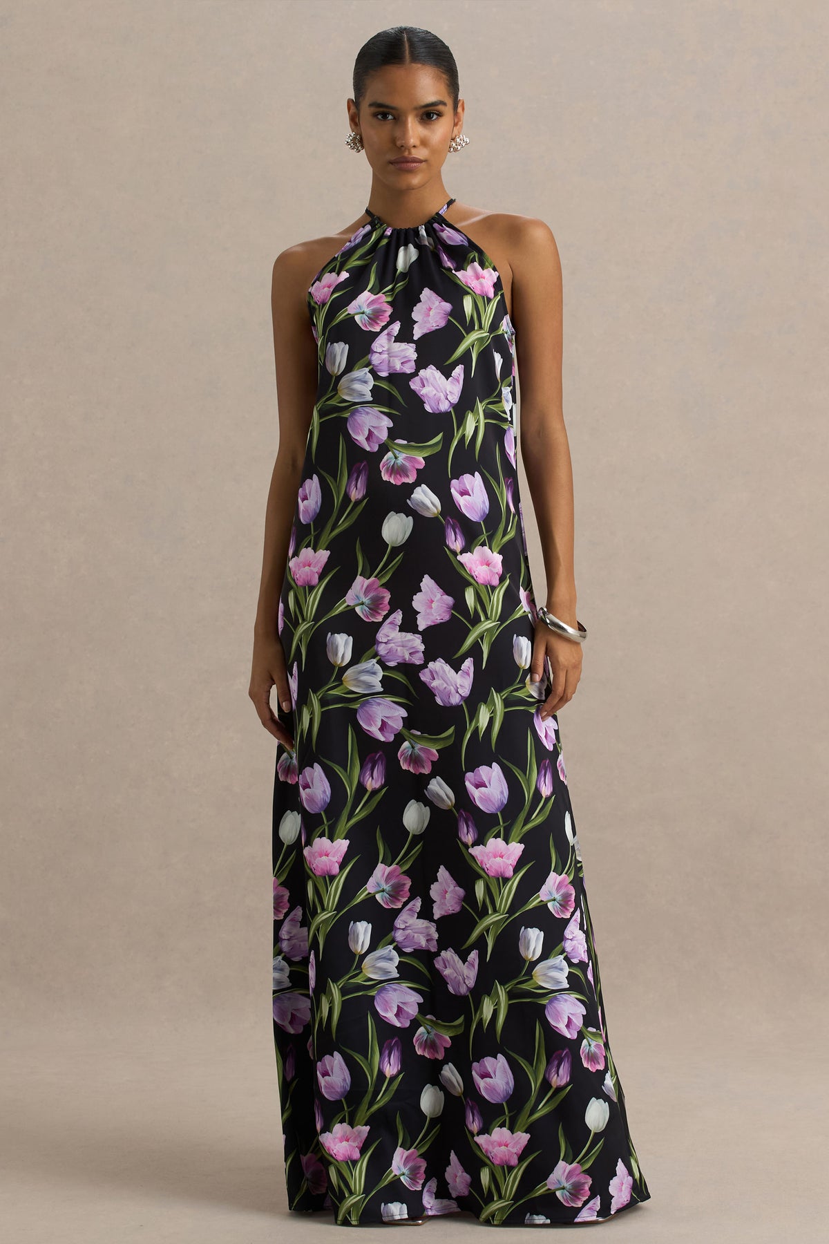 Svana Black Satin Floral Asymmetric Halter-Neck Maxi Dress Club L London - USA Svana Black Satin Floral Asymmetric Halter-Neck Maxi Dress Club L London - USA