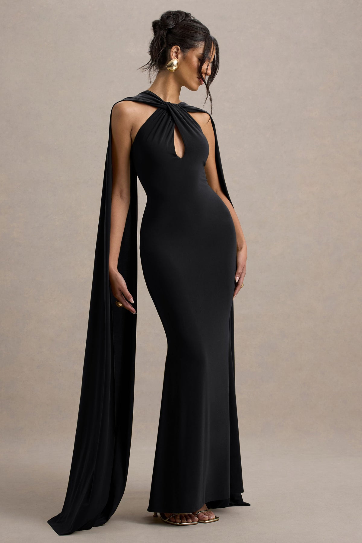 Rhoda | Black Twist Halter-Neck Cape Maxi Dress - UK 12 Black Rhoda | Black Twist Halter-Neck Cape Maxi Dress - UK 12 Black