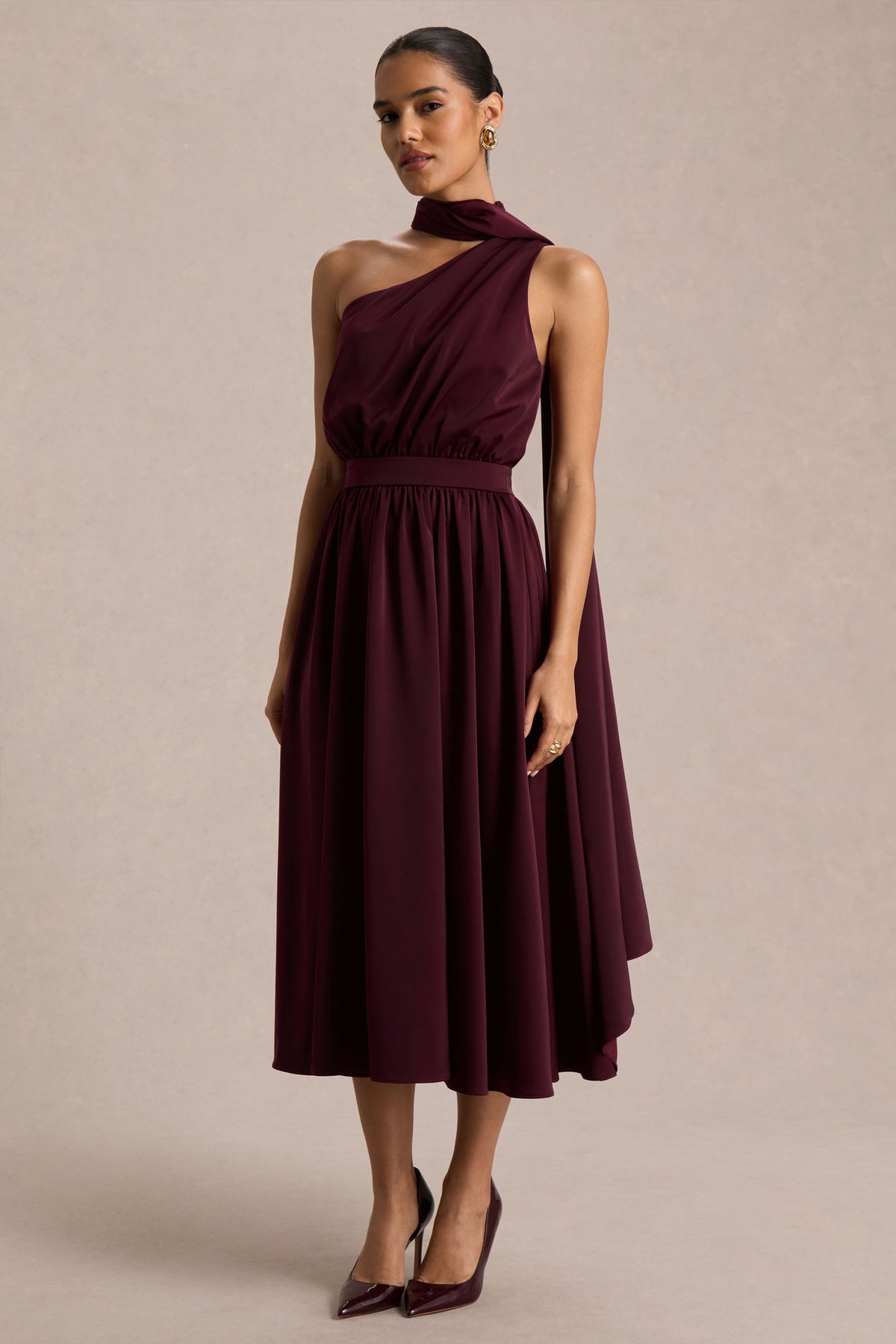 Caluna Burgundy Satin Asymmetric-Neck Midi Dress With Scarf-Detail Club L London - USA Caluna Burgundy Satin Asymmetric-Neck Midi Dress With Scarf-Detail Club L London - USA