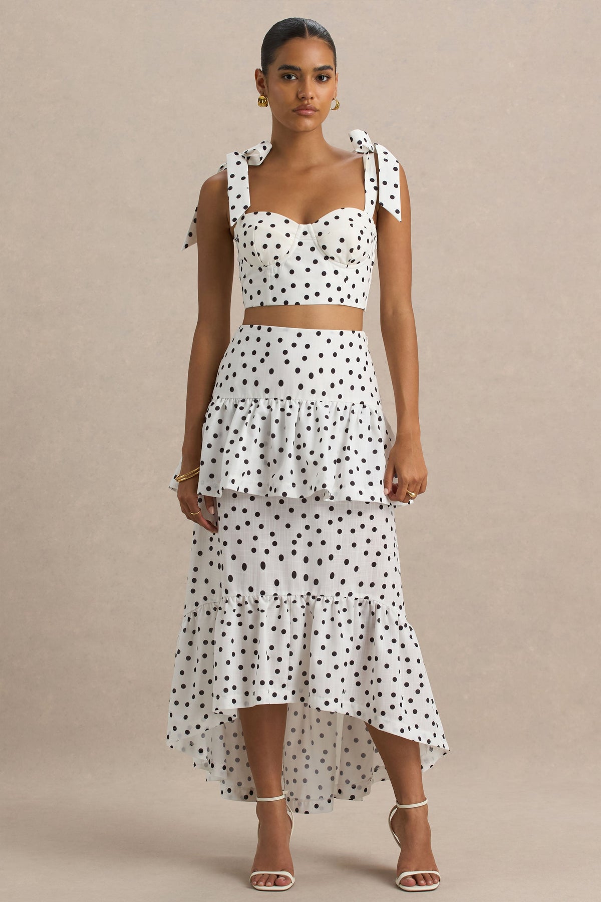 Emry | White Polka Dot High-Waist Maxi Skirt With Ruffle Detail - UK 12 POLKADOT Emry | White Polka Dot High-Waist Maxi Skirt With Ruffle Detail - UK 12 POLKADOT