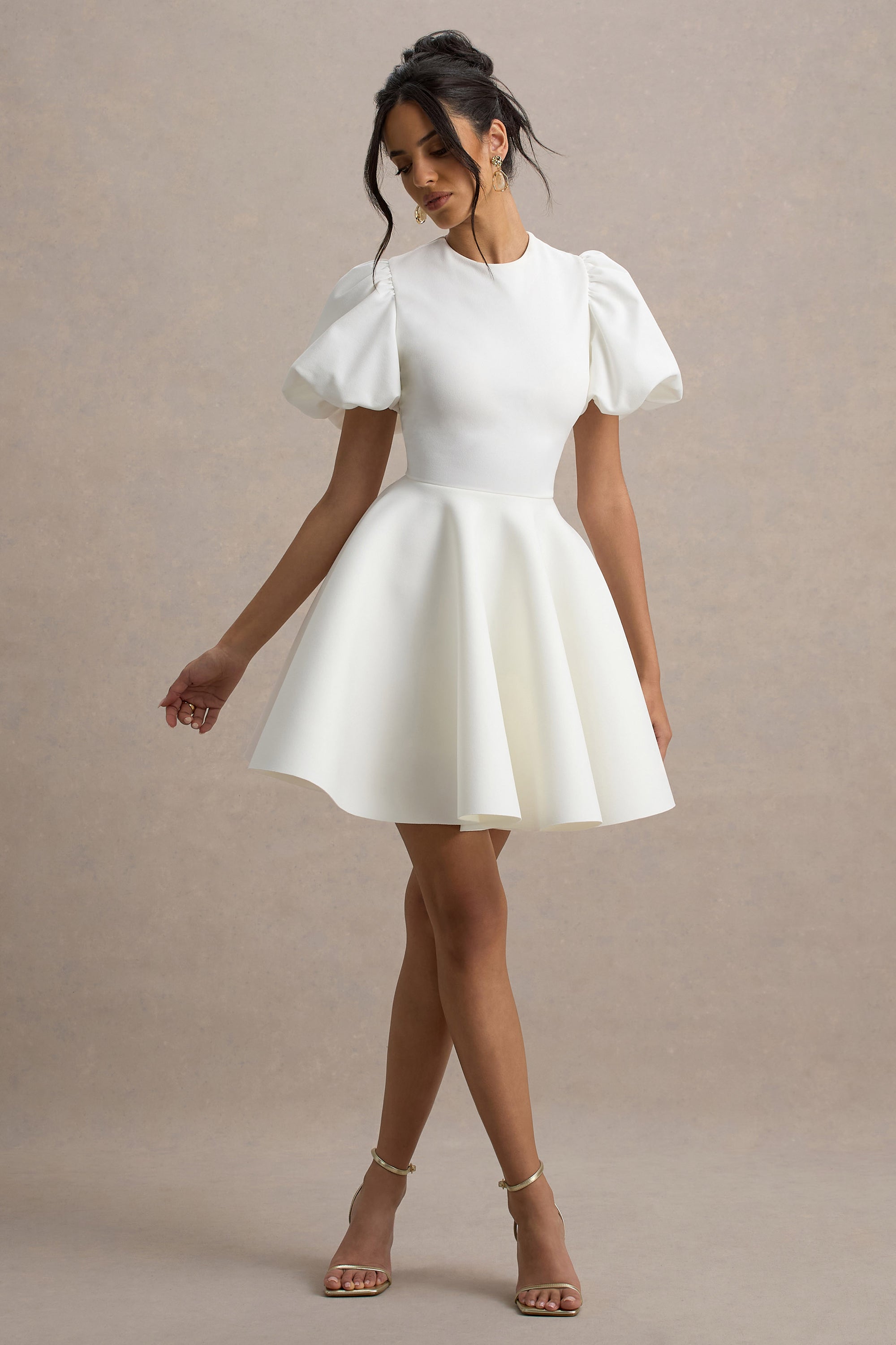 Emelia | White Puff-Sleeve Skater Mini Dress – Club L London