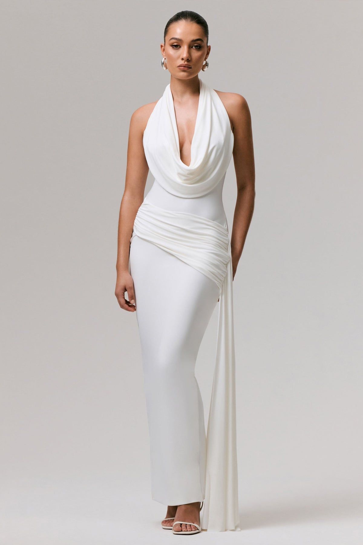 Maude White Plunge-Neck Ruched Maxi Dress With Sash Club L London - USA Maude White Plunge-Neck Ruched Maxi Dress With Sash Club L London - USA