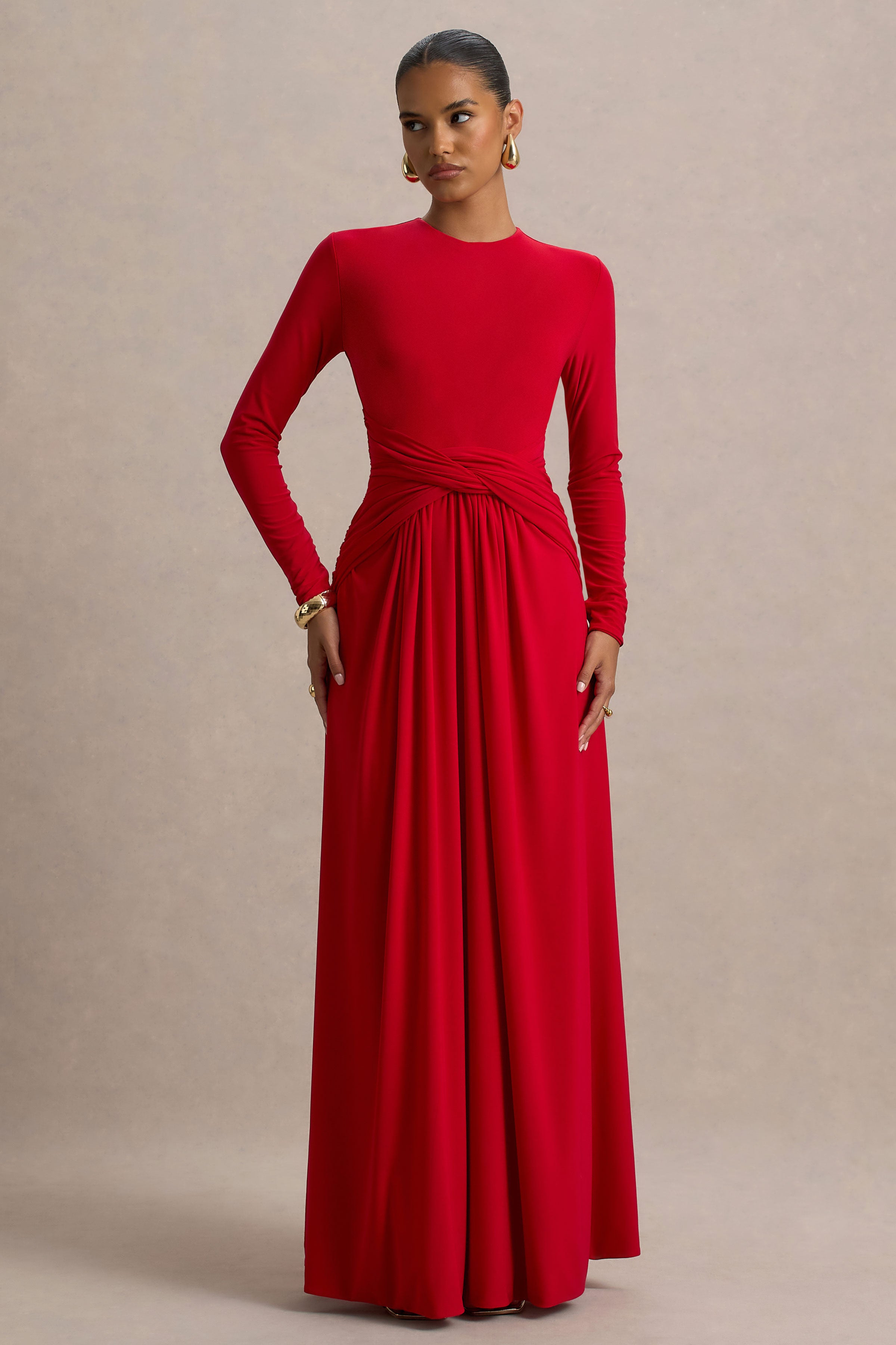 Estrella | Red High-Neck Maxi Dress With Ruched Detailing – Club L
