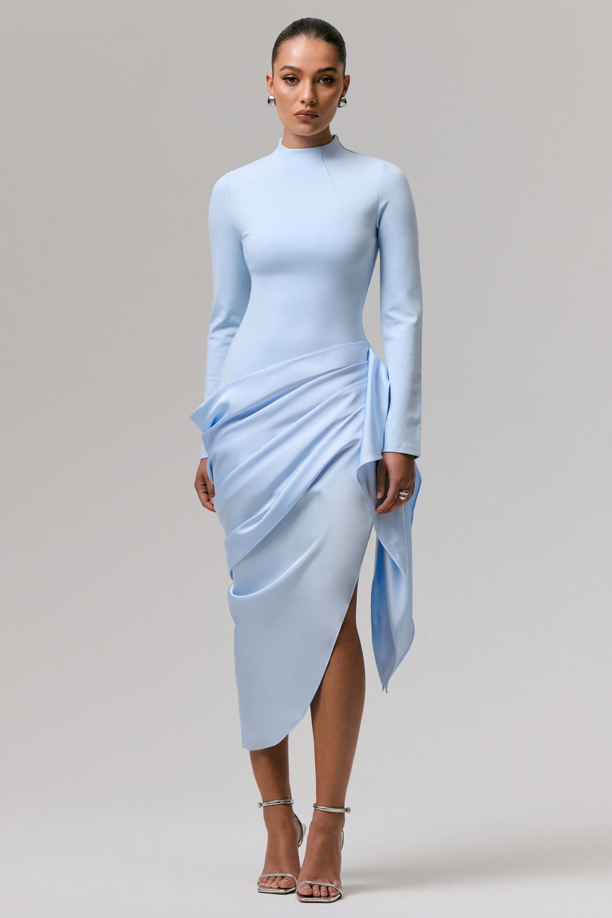 Raffie Powder Blue Long-Sleeve Midi Dress With Satin Wrap Skirt Club L London - USA Raffie Powder Blue Long-Sleeve Midi Dress With Satin Wrap Skirt Club L London - USA
