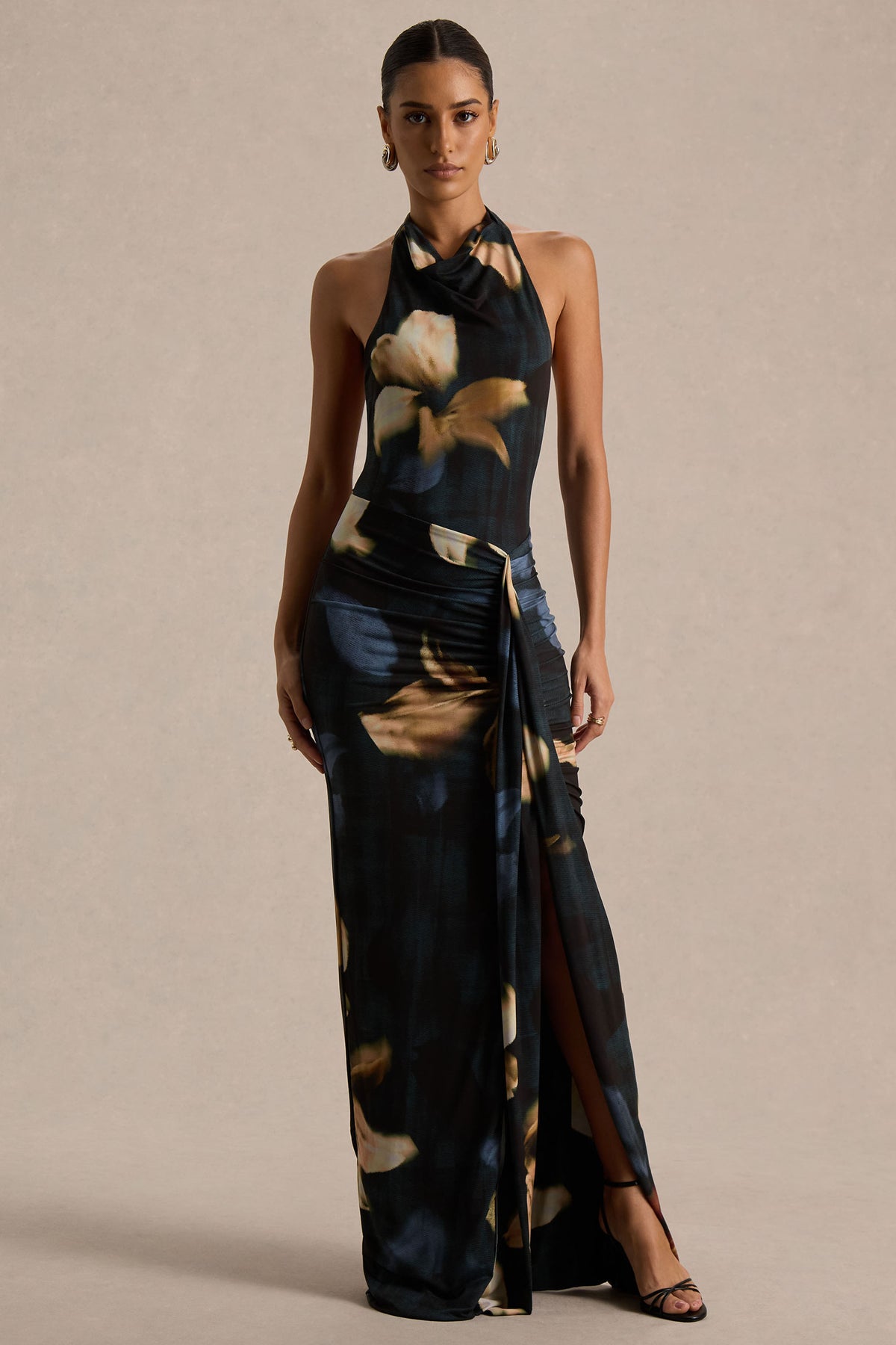 Sunflower | Dark LILY Print High-Neck Maxi Dress With Front-High Split - UK 16 WATER LILY Print Sunflower | Dark LILY Print High-Neck Maxi Dress With Front-High Split - UK 16 WATER LILY Print