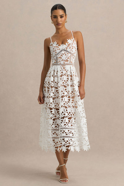 Zuri | White Lace Sweetheart Midi Dress With Cami Straps – Club L