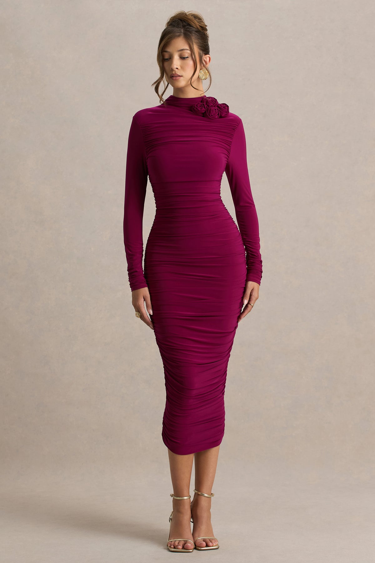 Tamara Burgundy Long-Sleeve Ruched Midi Dress Club L London - USA Tamara Burgundy Long-Sleeve Ruched Midi Dress Club L London - USA