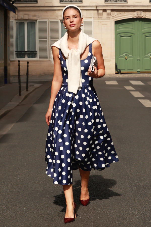 Berta | NAVY And White Polka-Dot Square-Neck Midi Dress - UK 6 NAVY BASE White POLKA DOT Berta | NAVY And White Polka-Dot Square-Neck Midi Dress - UK 6 NAVY BASE White POLKA DOT