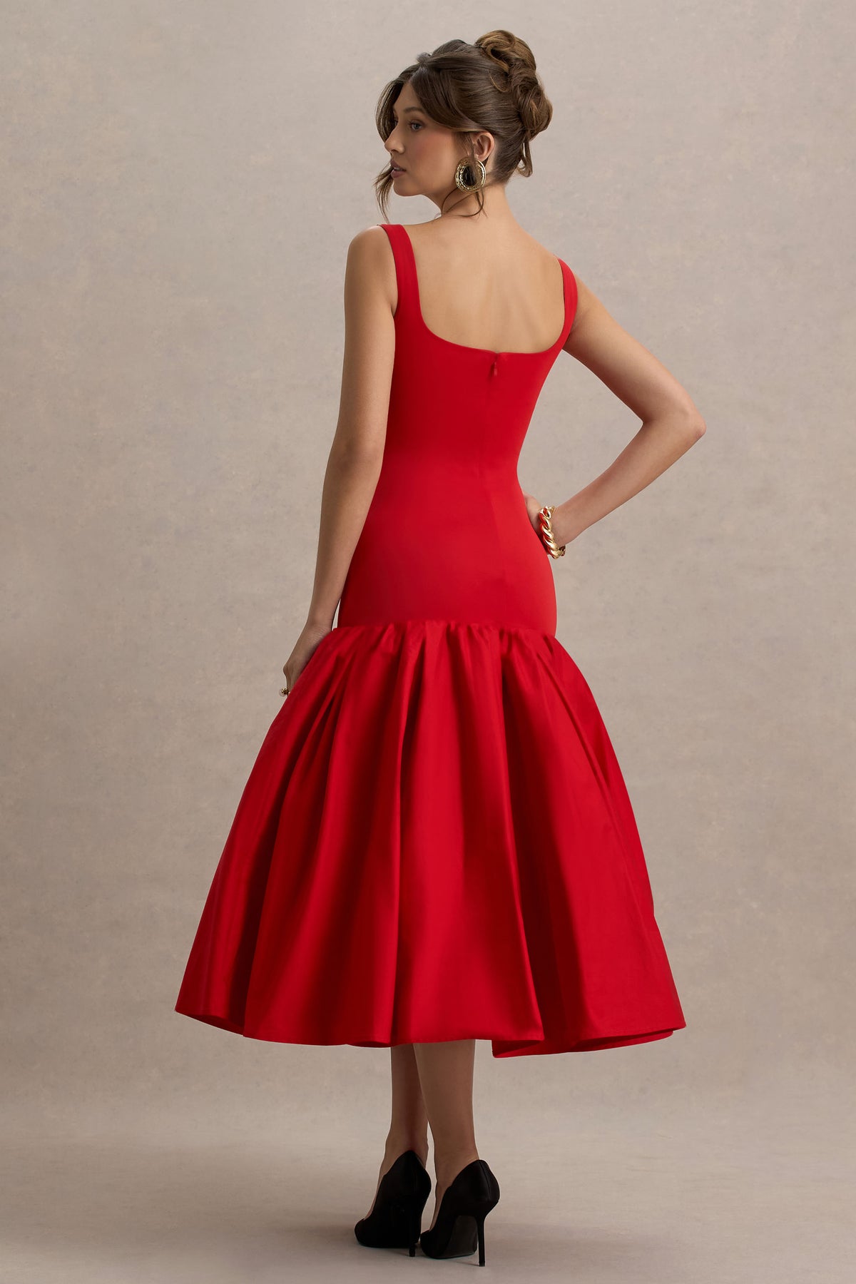 Parida | Red Poplin Drop-Waist Maxi Dress With Peplum Hem