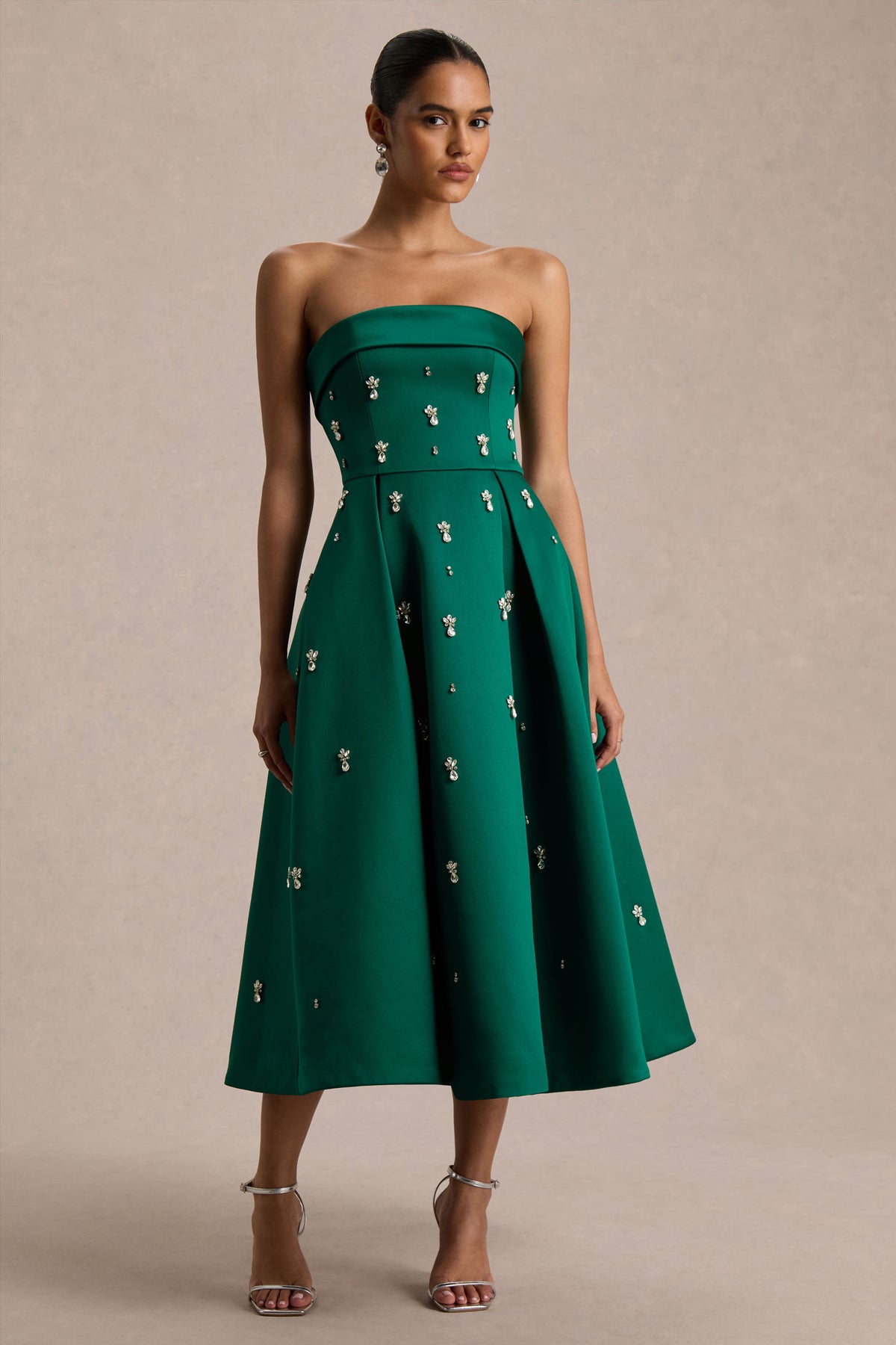 Sylvette | Dark Green Satin Bandeau Skater Midi Dress US 10 / Pine Green Sylvette | Dark Green Satin Bandeau Skater Midi Dress US 10 / Pine Green