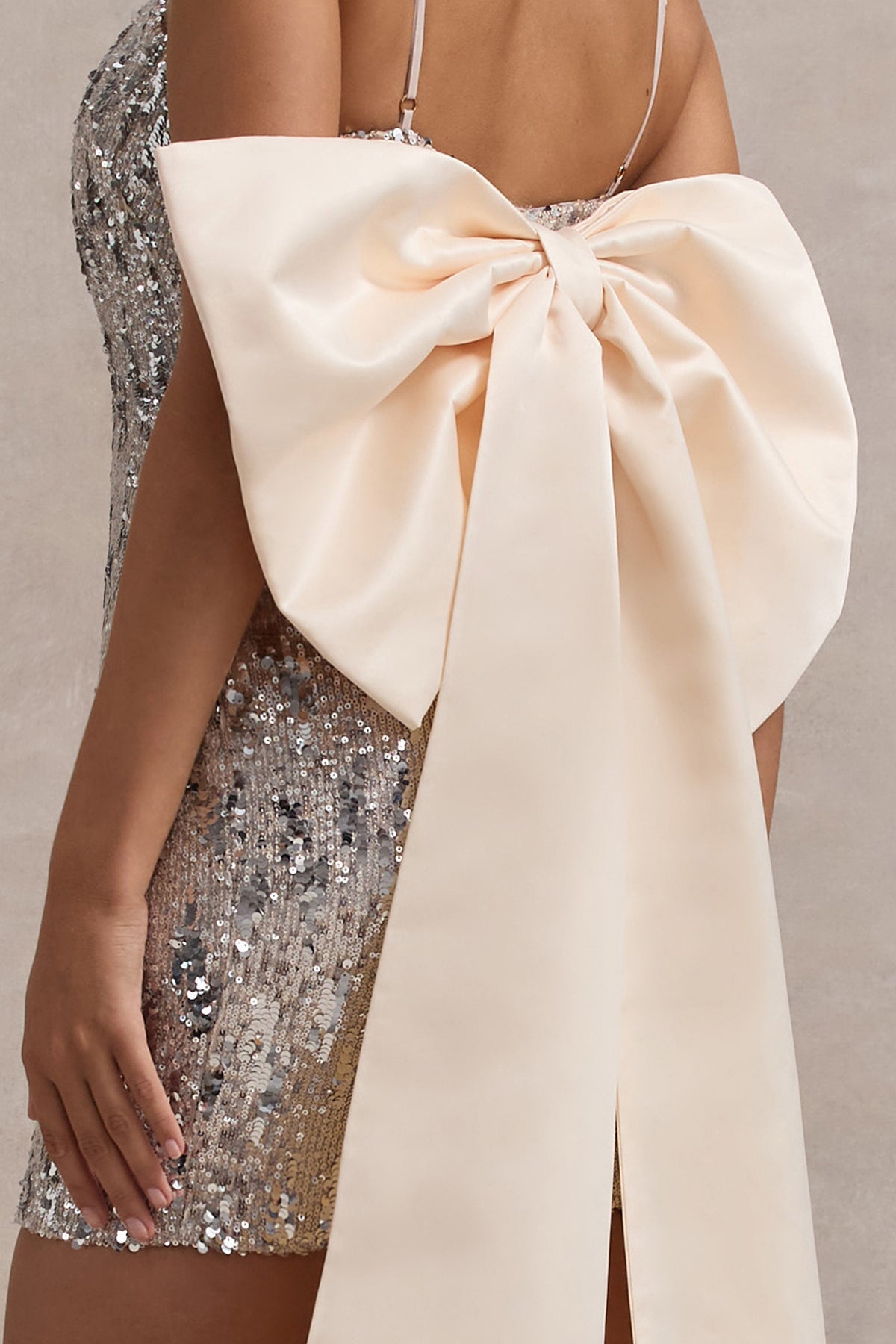 Sugar Off-White Feathered Sequin Mini Dress With Satin Bow – Club L London Sugar Off-White Feathered Sequin Mini Dress With Satin Bow – Club L London
