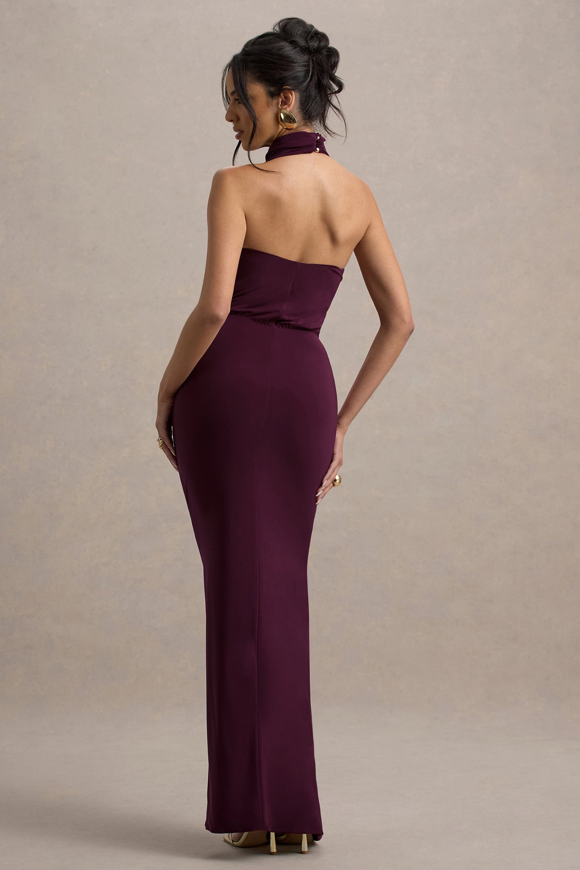 high neck burgundy bridesmaid dress EVERPRETTY Elegant Solid Color V-Neck Ruched High Waist Slit Burgundy Bridesmaid Dress Wedding