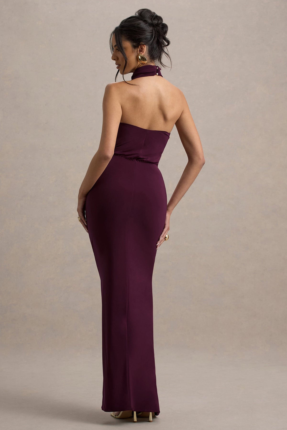 Hayden Burgundy High-Neck Draped Split Maxi Dress Club L London - USA Hayden Burgundy High-Neck Draped Split Maxi Dress Club L London - USA