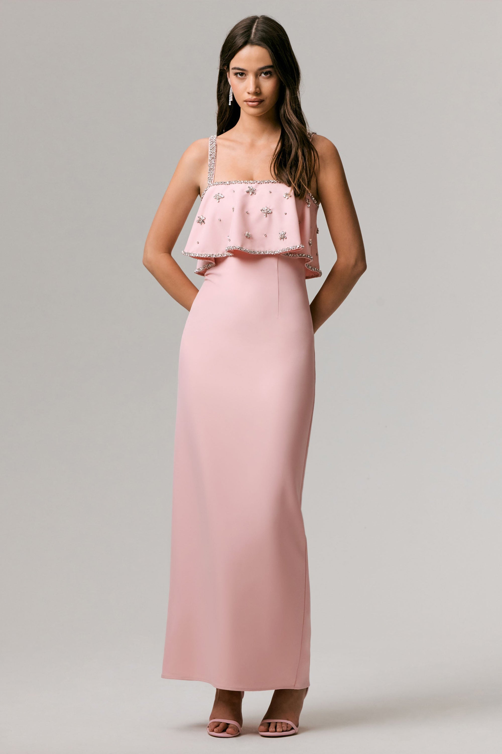 pale pink designer dress Matsour'i Hand Crafted Pale Pink Floral Appliqu Lace Long Dress S/M NWT