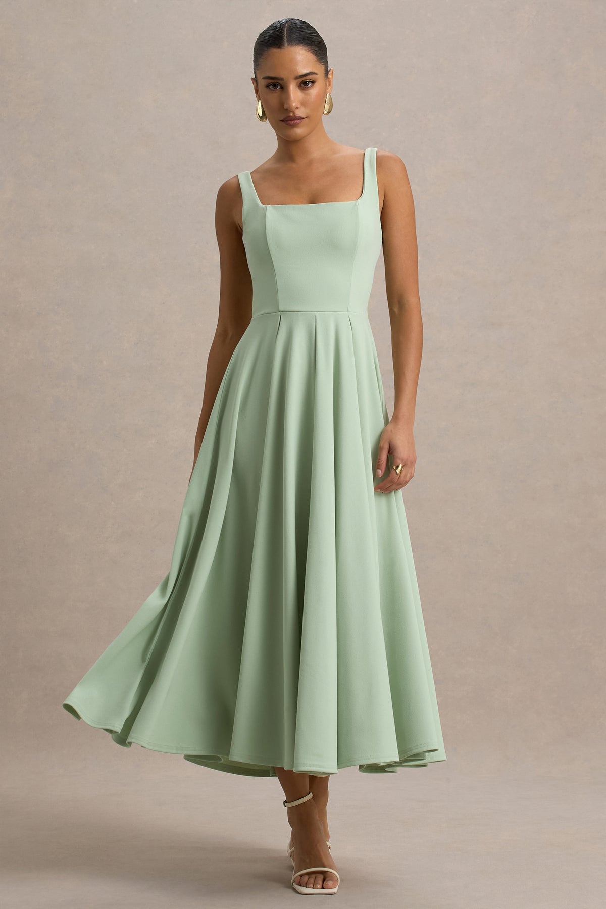 Parina | Light Green Strappy Volume-Hem Midi Dress - UK 16 Light Green Parina | Light Green Strappy Volume-Hem Midi Dress - UK 16 Light Green