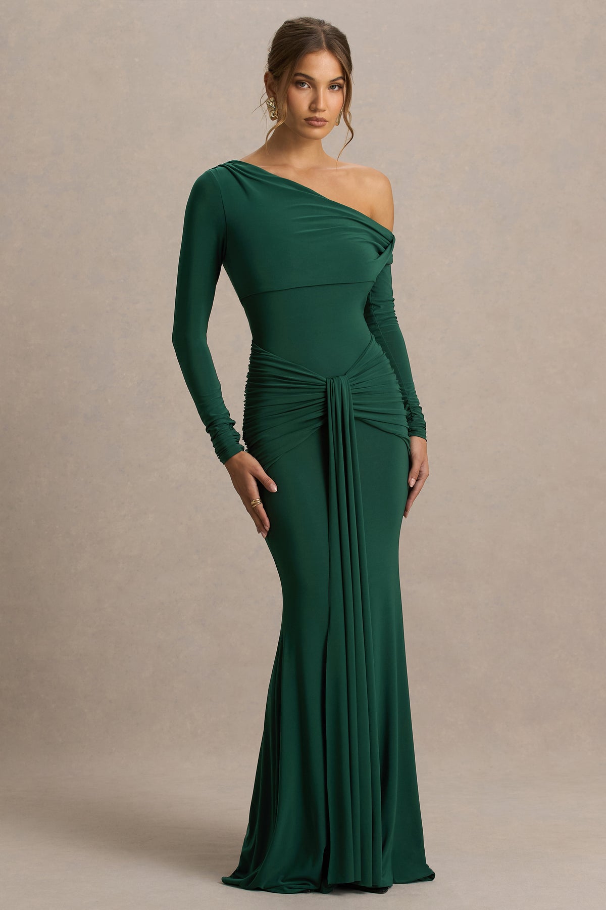 Clover | Dark Green Asymmetric-Neck Wrapped Maxi Dress With Sash - UK 8 PINE Green Clover | Dark Green Asymmetric-Neck Wrapped Maxi Dress With Sash - UK 8 PINE Green