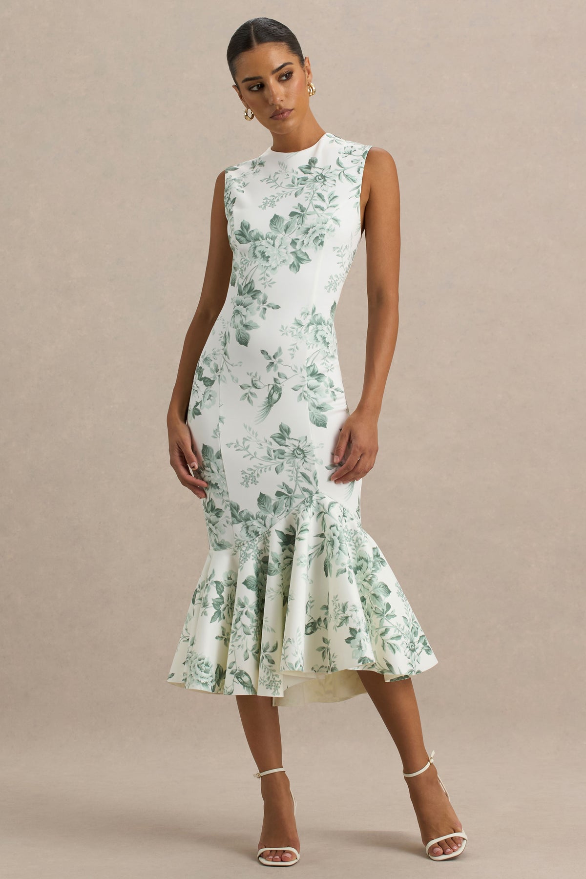 Priceless Green Porcelain Print Print High-Neck Fishtail Midi Dress Club L London - USA Priceless Green Porcelain Print Print High-Neck Fishtail Midi Dress Club L London - USA