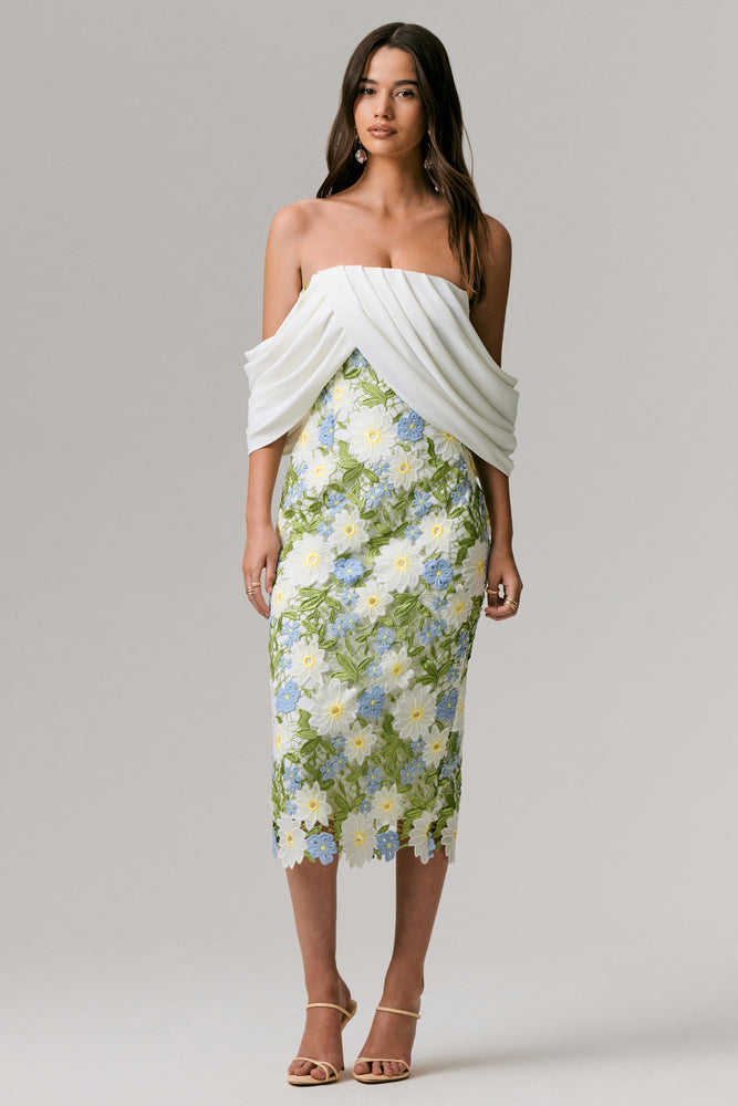 bardot vibrant floral midi dress Entitled Cream Floral Lace Bardot Midi Dress – Club L London