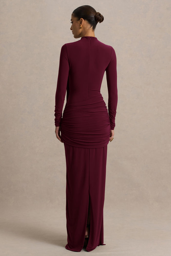 long sleeve wrap dress burgundy Melissa | Burgundy Long-Sleeve Wrap Maxi Dress With Draped Detailing