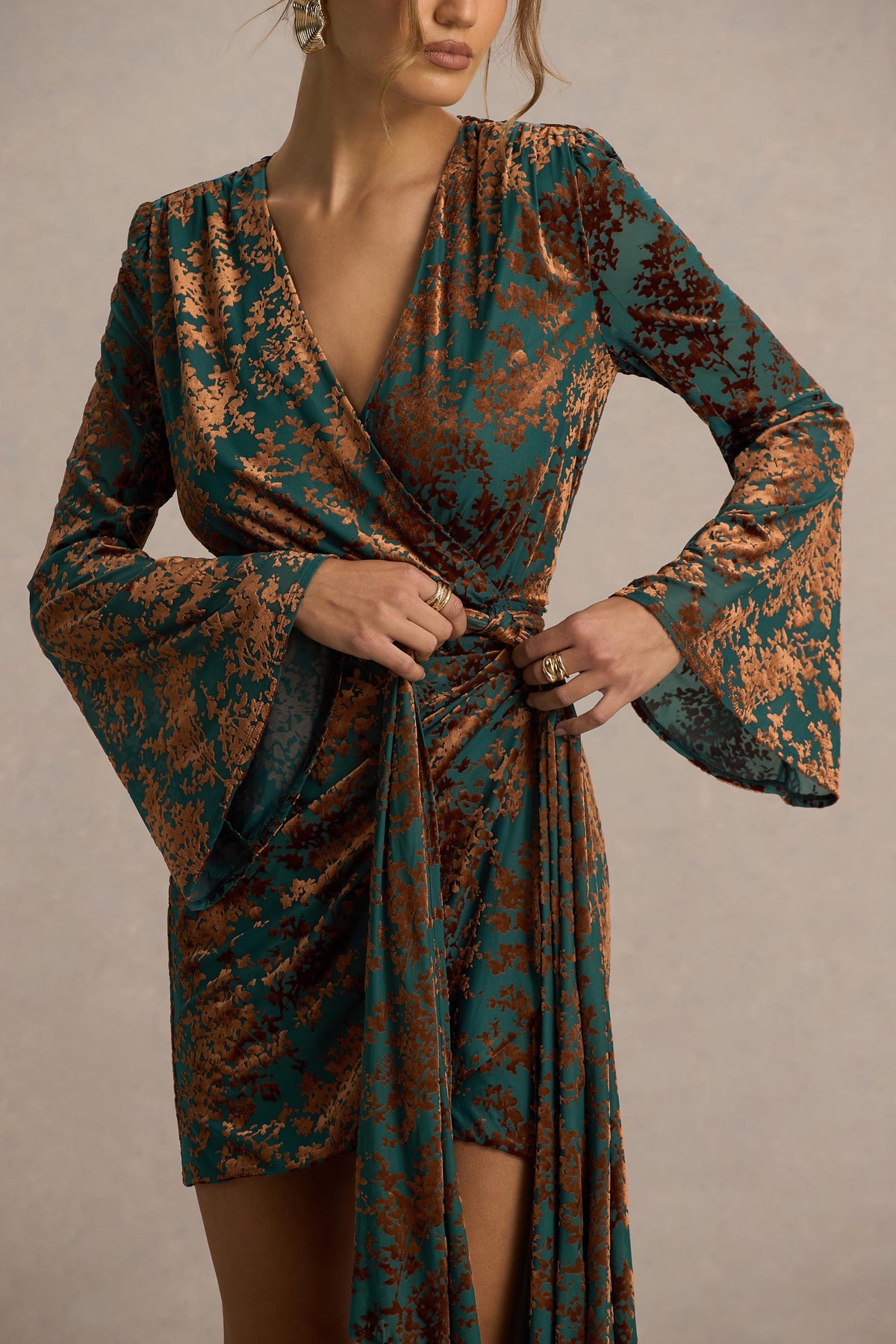 Dimitra | Dark Green AND Brown Velvet Devore Plunge-Neck Wrap Mini Dress - UK 12 Green AND Brown Dimitra | Dark Green AND Brown Velvet Devore Plunge-Neck Wrap Mini Dress - UK 12 Green AND Brown