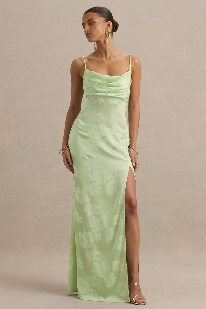 Maddie Light Green Floral Print Satin Cowl-Neck Maxi Dress – Club L London 