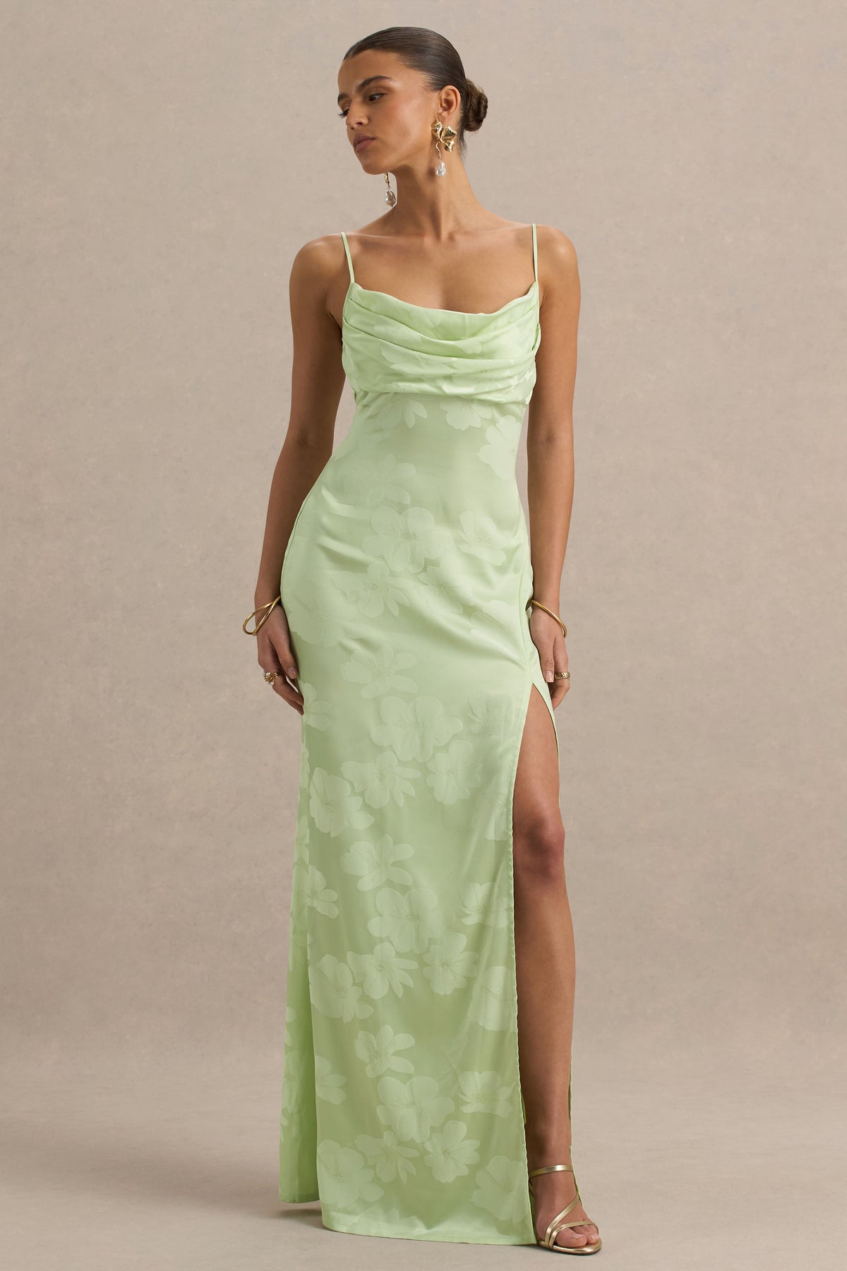 Maddie Light Green Floral Print Satin Cowl-Neck Maxi Dress Club L London - USA Maddie Light Green Floral Print Satin Cowl-Neck Maxi Dress Club L London - USA
