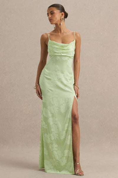 floral satin dress Maddie Light Green Floral Print Satin Cowl-Neck Maxi Dress – Club L London