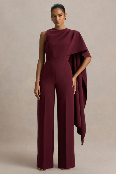 Sorenia | Burgundy High-Neck Jumpsuit With One-Cape Sleeve – Club