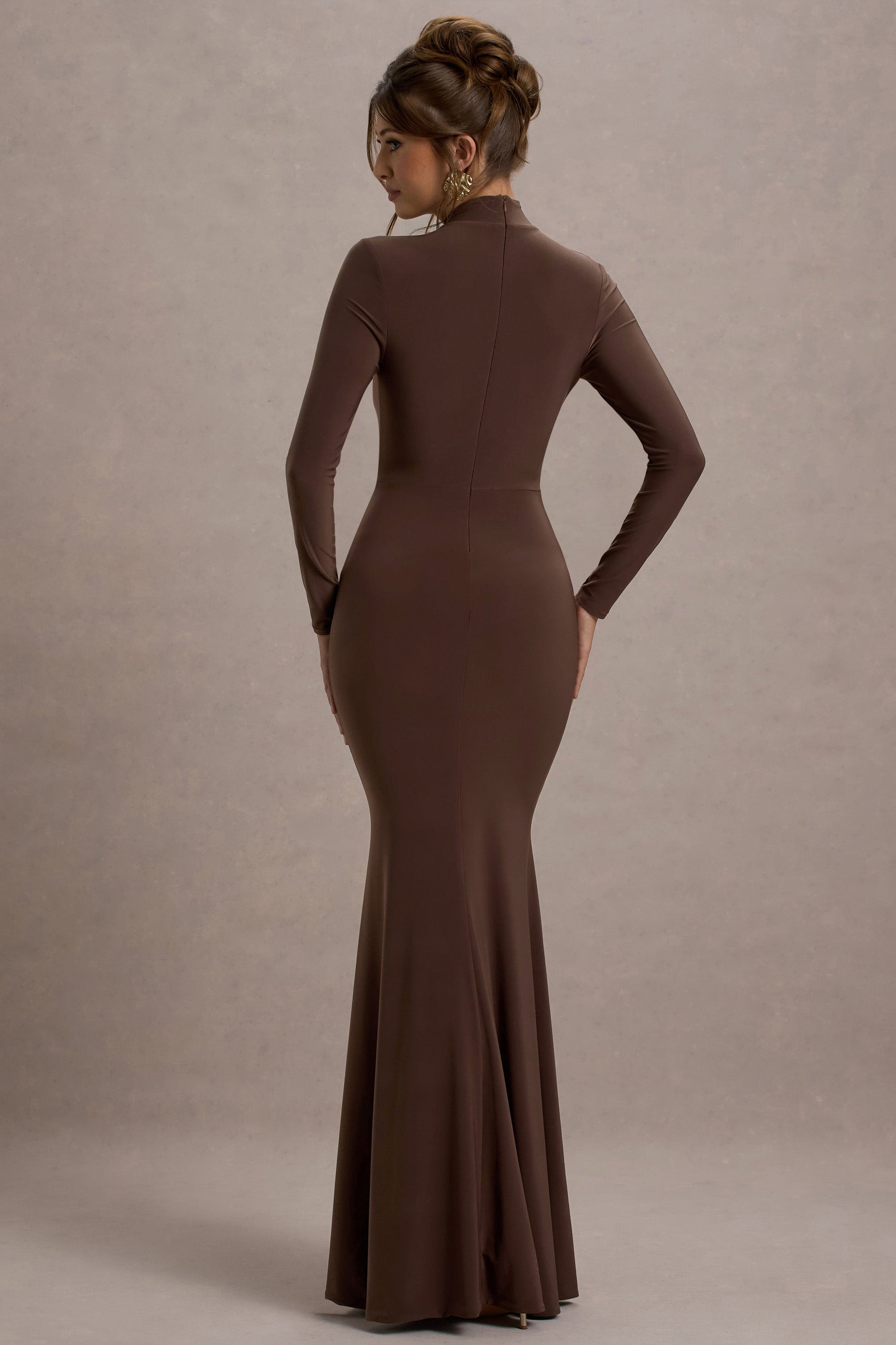 Tova | Chocolate High-Neck Long-Sleeve Maxi Dress - Club L London - USA