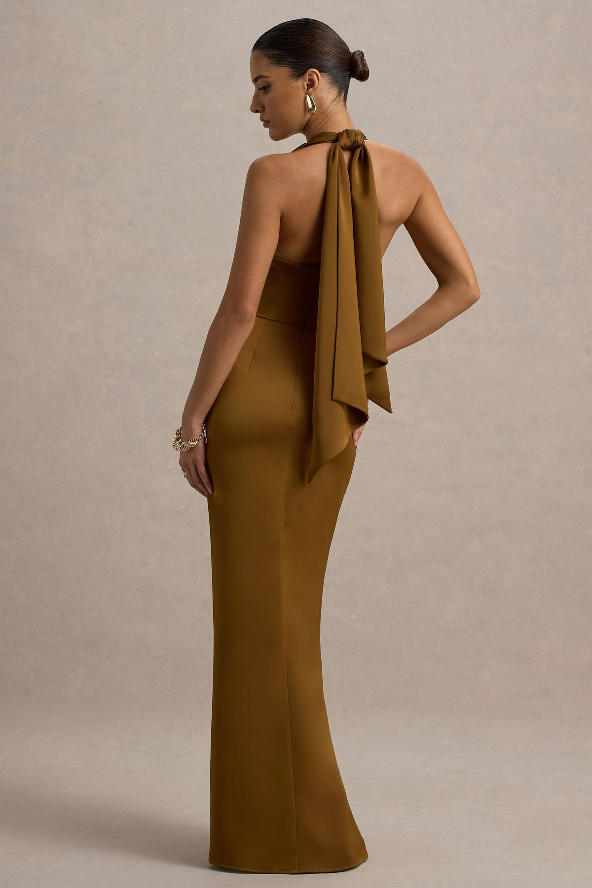 Lynette | Olive Satin Plunge-Neck Maxi Dress With Asymmetric Hem - UK 6 Olive Lynette | Olive Satin Plunge-Neck Maxi Dress With Asymmetric Hem - UK 6 Olive