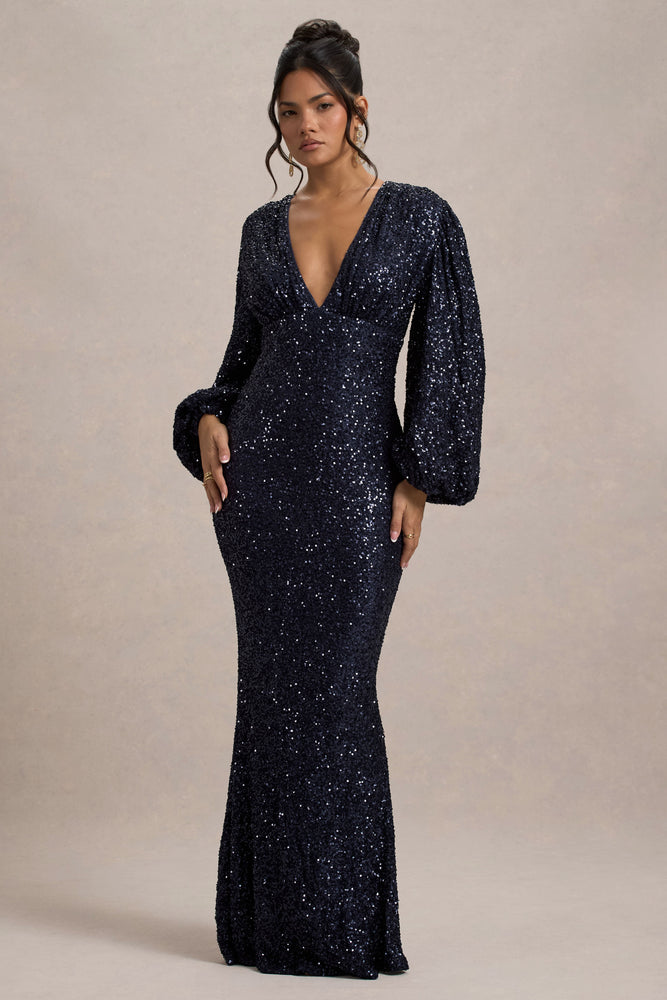 Kaelin Navy Sequin Plunge-Neck Maxi Dress Club L London - USA Kaelin Navy Sequin Plunge-Neck Maxi Dress Club L London - USA