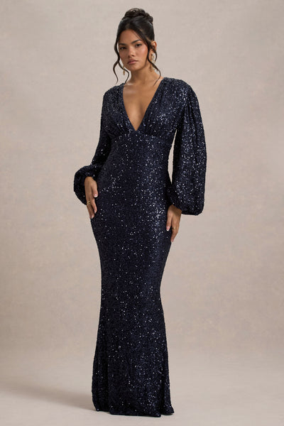 navy blue sequin long dress Long Mermaid Navy Blue Sequin Prom Dresses Straps Lace-Up Navy Blue / US10