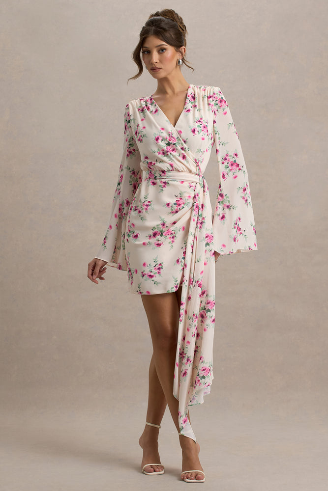 Goldie Cream Floral Print Chiffon Long-Sleeve Wrap Mini Dress – Club L  London