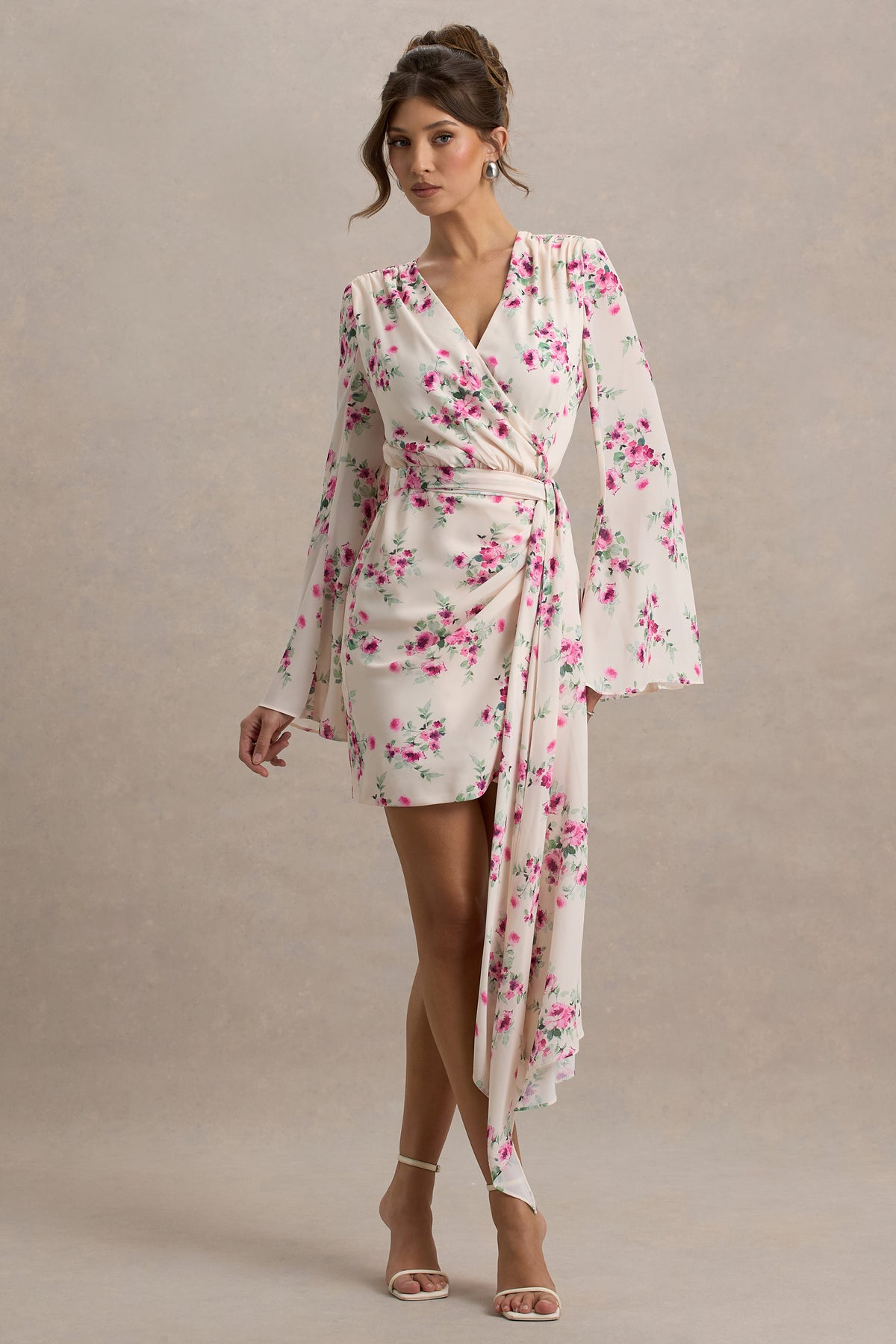 long sleeve dress with flowers Goldie Cream Floral Print Chiffon Long-Sleeve Wrap Mini Dress – Club L London