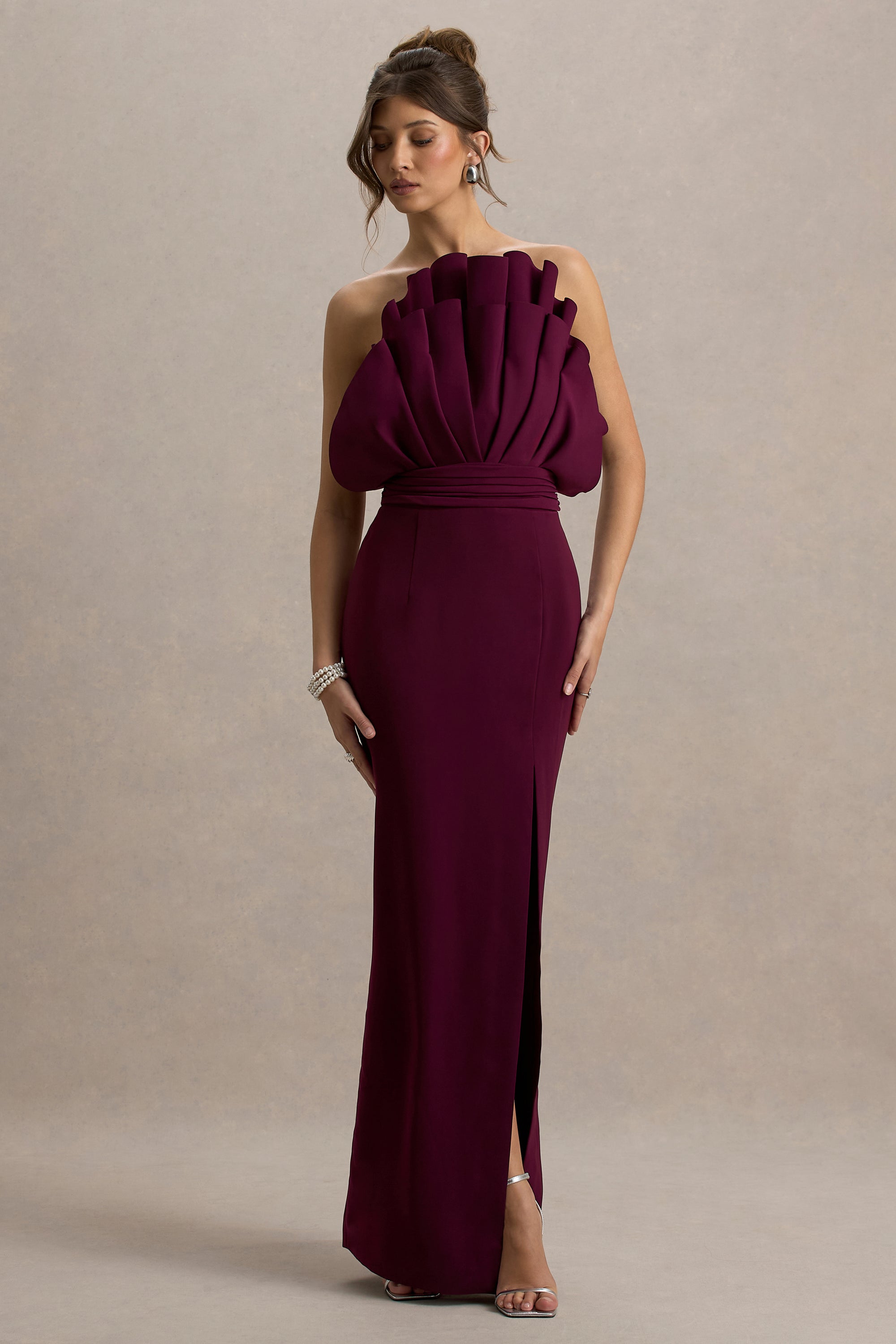 Set The Bar | Plum Ruffled Strapless Split Maxi Dress – Club L London