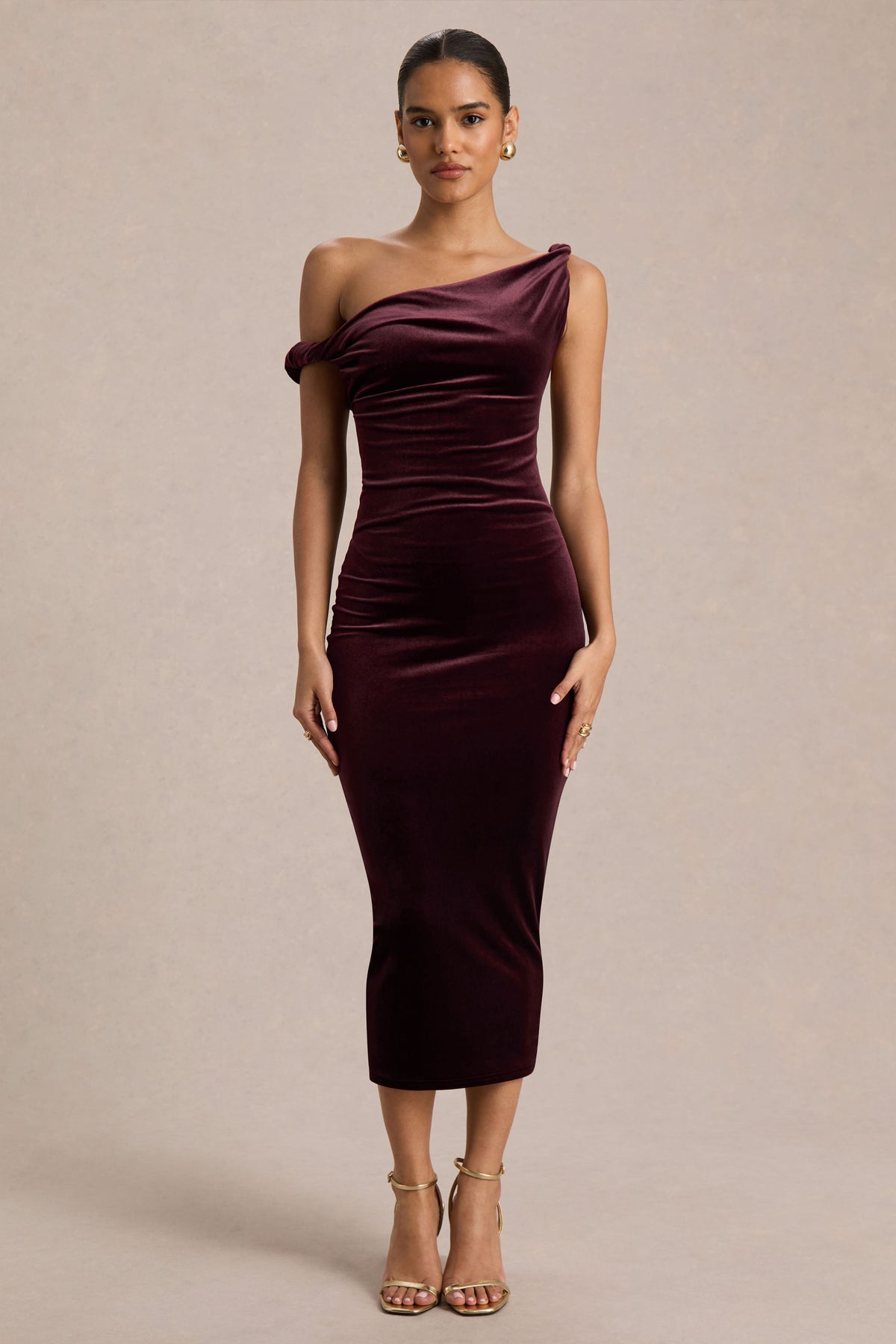 Carella Burgundy Velvet Twisted Asymmetric Midi Dress Club L London - USA Carella Burgundy Velvet Twisted Asymmetric Midi Dress Club L London - USA