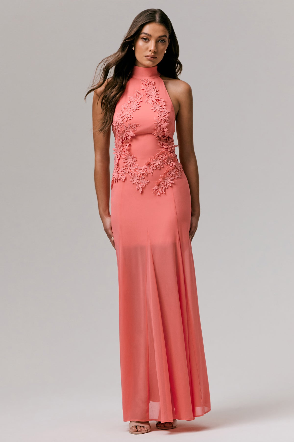 Just Like Magic | Coral High-Neck Maxi Dress With Lace Detailing - UK 12 Coral Just Like Magic | Coral High-Neck Maxi Dress With Lace Detailing - UK 12 Coral