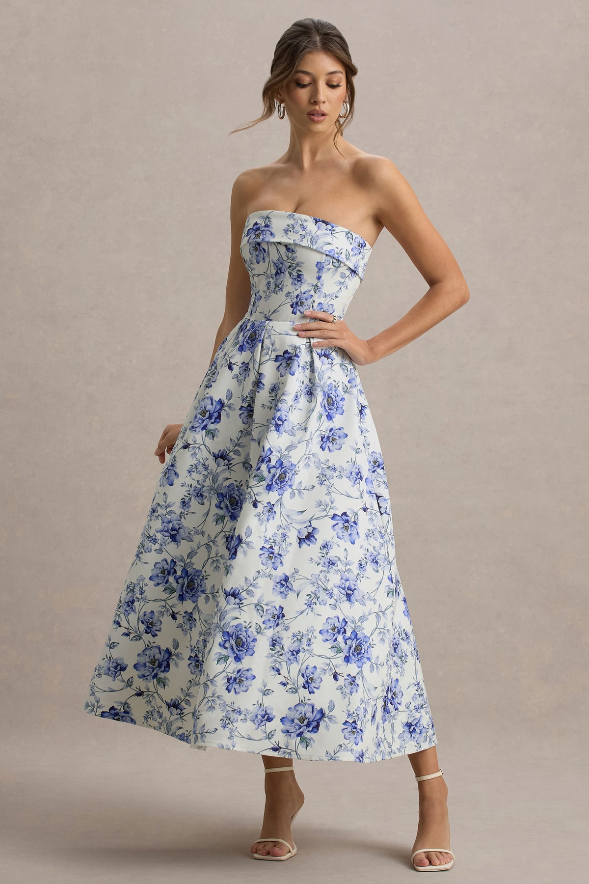 Annalise | Blue Floral Print Bandeau Skater Midi Dress