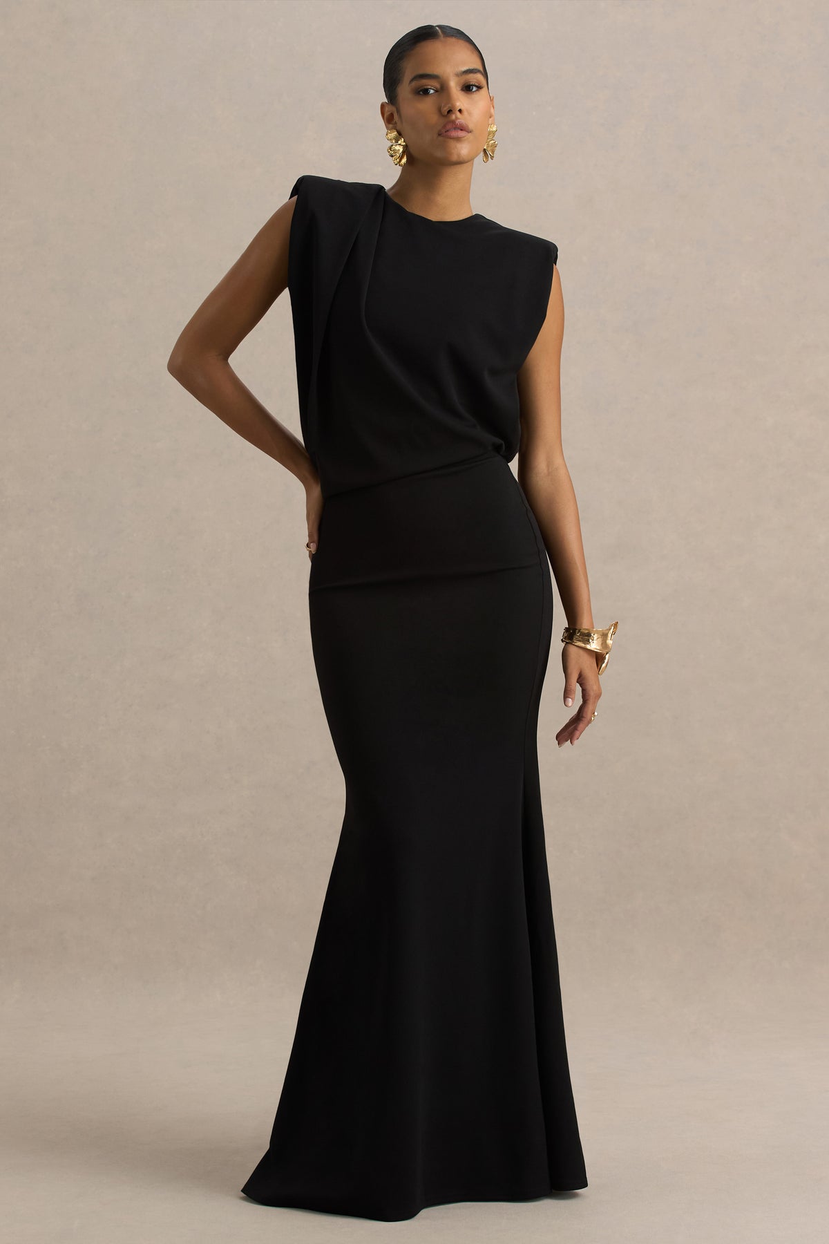 Meave | Black Boat-Neck Maxi Dress With Draped Detail - UK 10 Black Meave | Black Boat-Neck Maxi Dress With Draped Detail - UK 10 Black