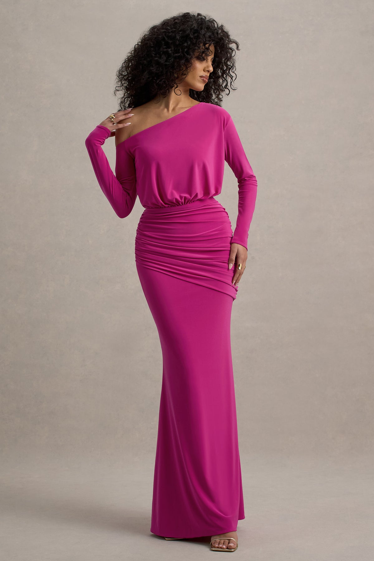 Deanna Hot Pink Asymmetric Long-Sleeve Ruched Maxi Dress Club L London - USA Deanna Hot Pink Asymmetric Long-Sleeve Ruched Maxi Dress Club L London - USA