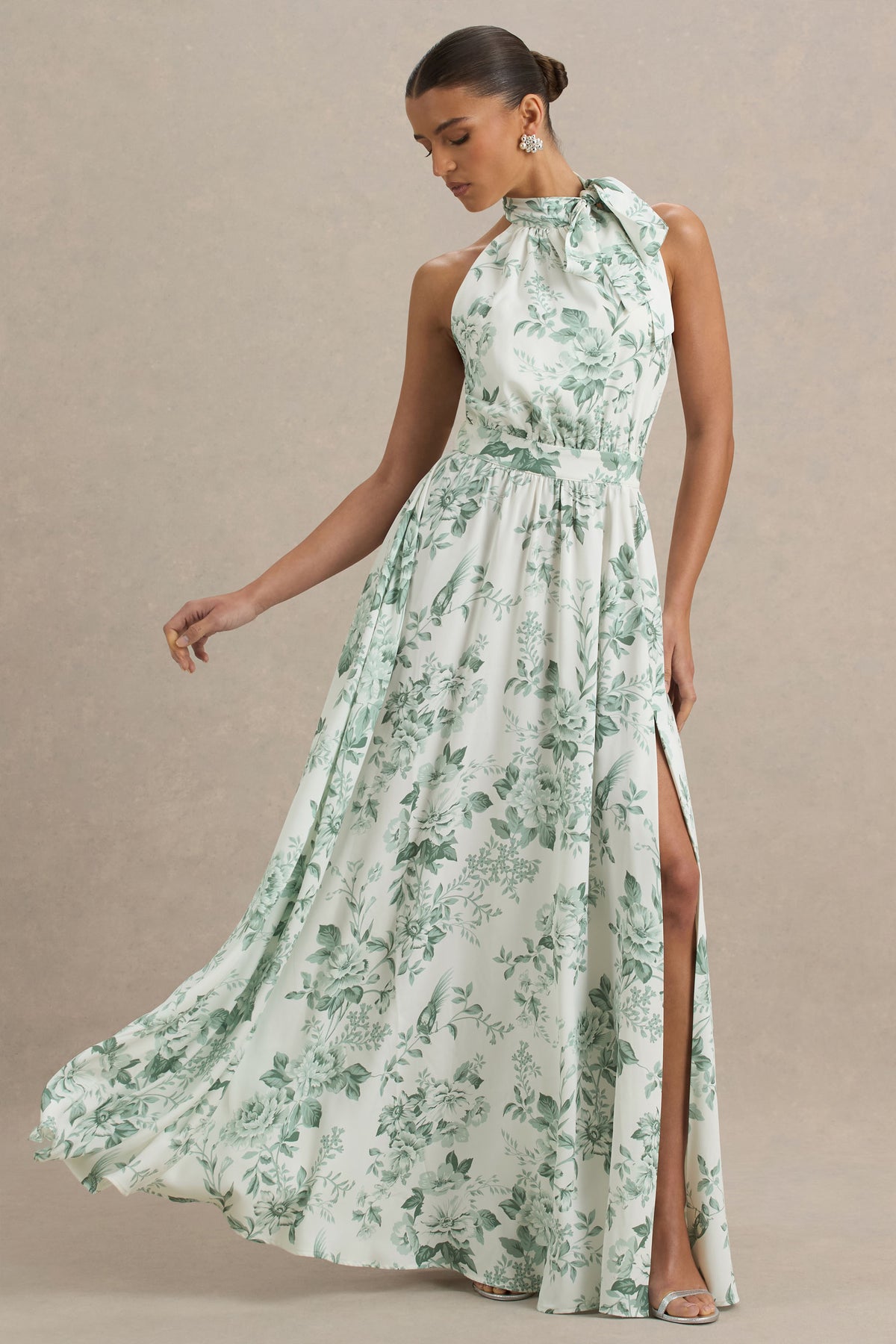 Talia Green Floral Print High-Neck Maxi Dress With Front High Split Club L London - USA Talia Green Floral Print High-Neck Maxi Dress With Front High Split Club L London - USA