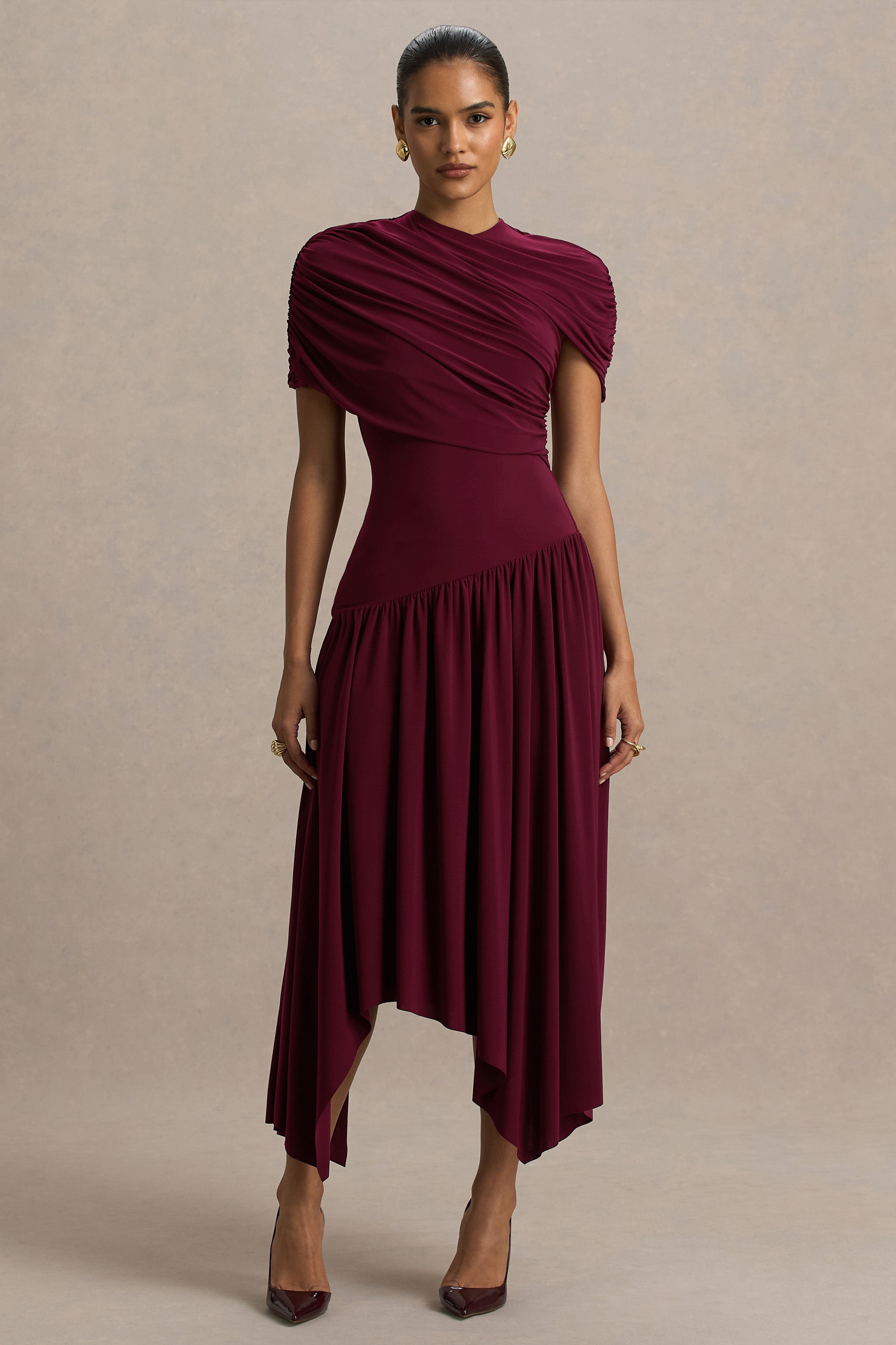 Ione | Burgundy Wrapped Midi Dress With Hanky Hem – Club L London
