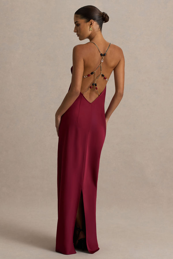 navy blue dress for baby girl Timeless Elegance Backless Maxi Satin Gown in Burgundy – trinarosh main image 0