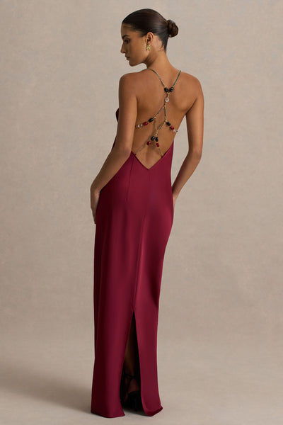 burgundy dress open back Cher | Satin Square-Neck Maxi With Embellished-Detailed Open-Back Midnight BLUE DRESS ON A Size:13 go dress that still
